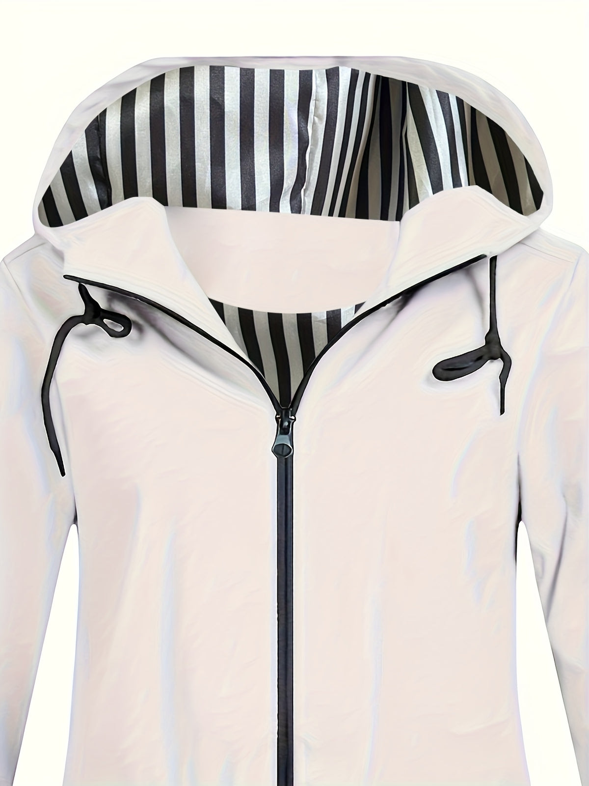 Autumn and Winter Striped Lined Hooded Windbreaker Jacket - White