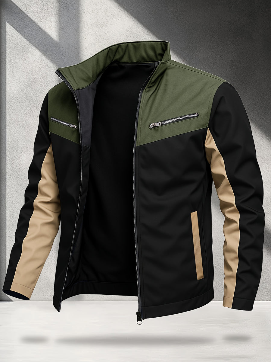 Men's Outdoor Performance Jacket, Lightweight, Quick-Drying, Color Block, Fashionable Contrast Color Design, Color-Block Soft Shell Jacket - fern green
