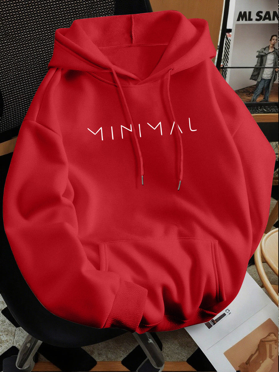 Minimalist Style Letter Print Hooded Sweatshirt, Versatile Top for Daily Casual and Commuting - Red
