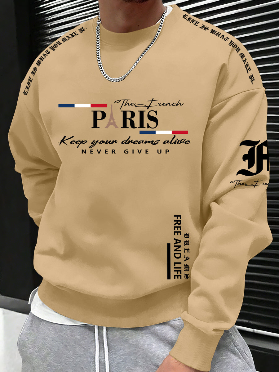 Men's Casual Streetwear Sweatshirt with Black and Red Striped Letter Print - Khaki