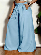 Plus Size, Plus-size Women's Casual Wide-leg Flared Pants with Pocket and Drawstring Design - Sky Blue