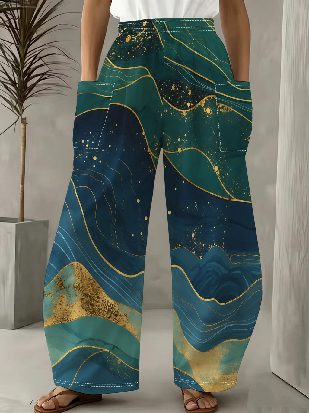 [Printed Design-Not Textured] Women'S Fashion Trousers, Abstract Fluid Art Design with Golden Accents, Layered Wave Pattern, Elegant Modern Style, Suitable for Daily Wear, Evening Parties, And Work, Adding Luxury And Depth to Outfits - Mixed colors