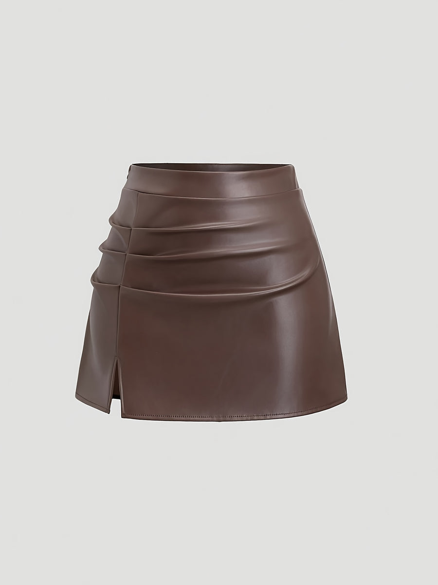 Elegant Vintage High-Waisted Pleated Brazilian PU Side Slit Flared A-Line Mini Skirt for Women, Y2K Clothing - Dark Brown