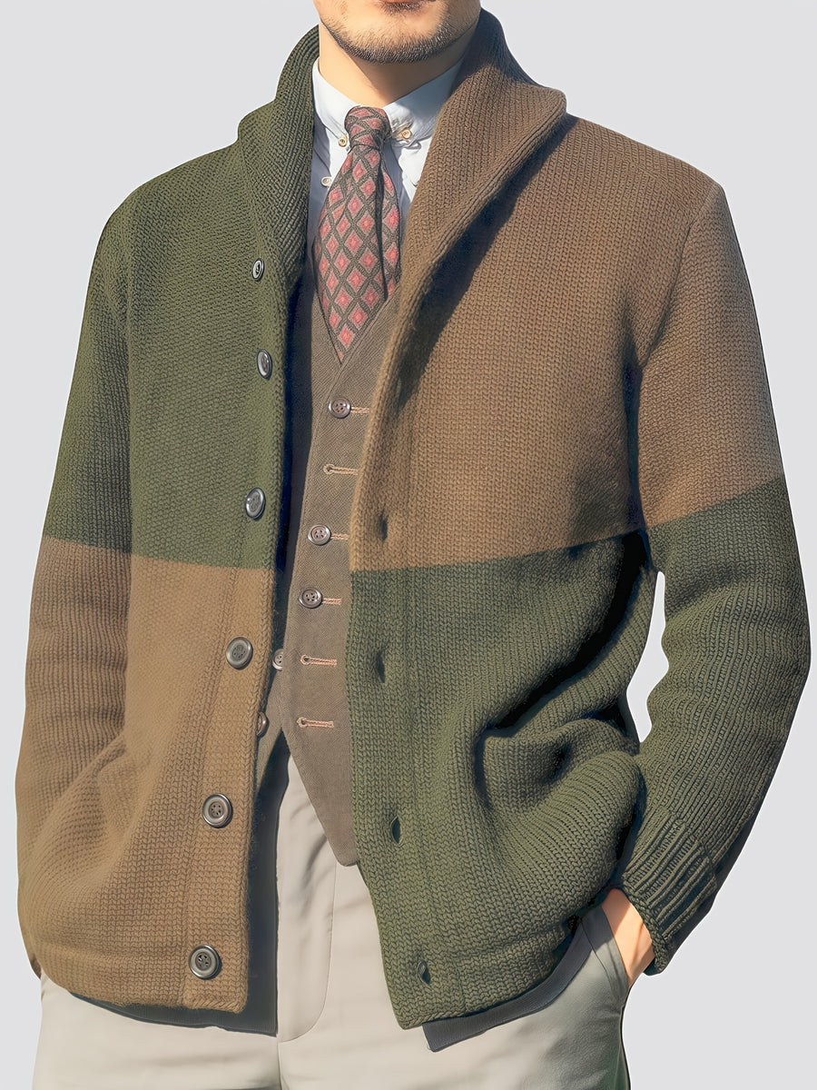 Men'S Elegant Patchwork Lapel Knit Cardigan, Unisex Color-Block Sweater Button-Up Jacket, Fashionable Casual Sweater for Men, Regular Fit for Spring And Autumn - Olive Green