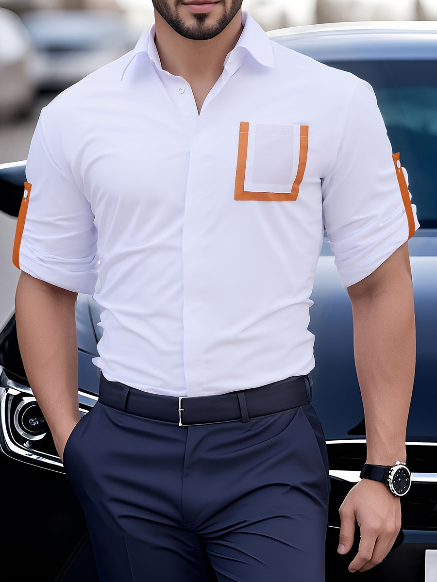 Men'S Stylish Casual Business Shirt with Contrasting Colors. Dark Placket. Contrast Patch Pocket C80025-25 - White
