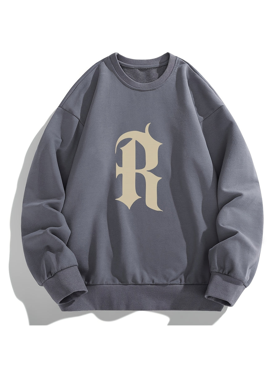 Men'S Crew Neck Sweatshirt, Spring And Autumn Printed Pullover Top, Youth Loose Casual Versatile Long Sleeve Base Shirt - Dark Gray