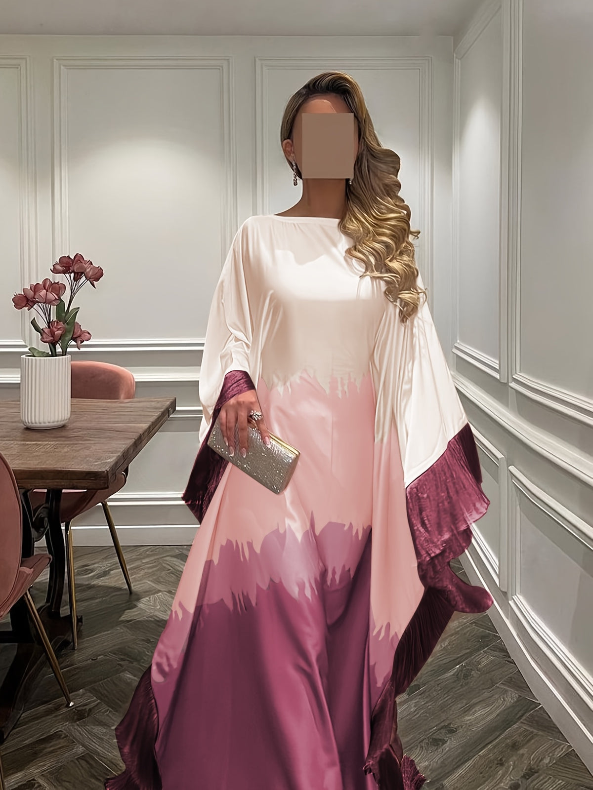 1pc Elegant Tie-Dye Tie Dye Fringe Casual Polyester Printed Fashion Abaya Open Front Robe - Pale Pinkish Gray