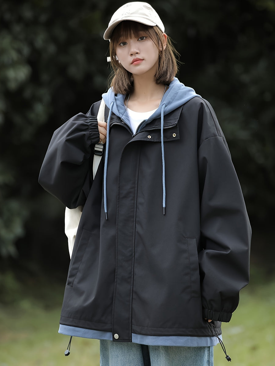 American Style Coat Women'S Trench Hooded Faux Two-Piece Windbreaker Design-Driven Color-Block Casual Loose Jacket - Black Color+Blue