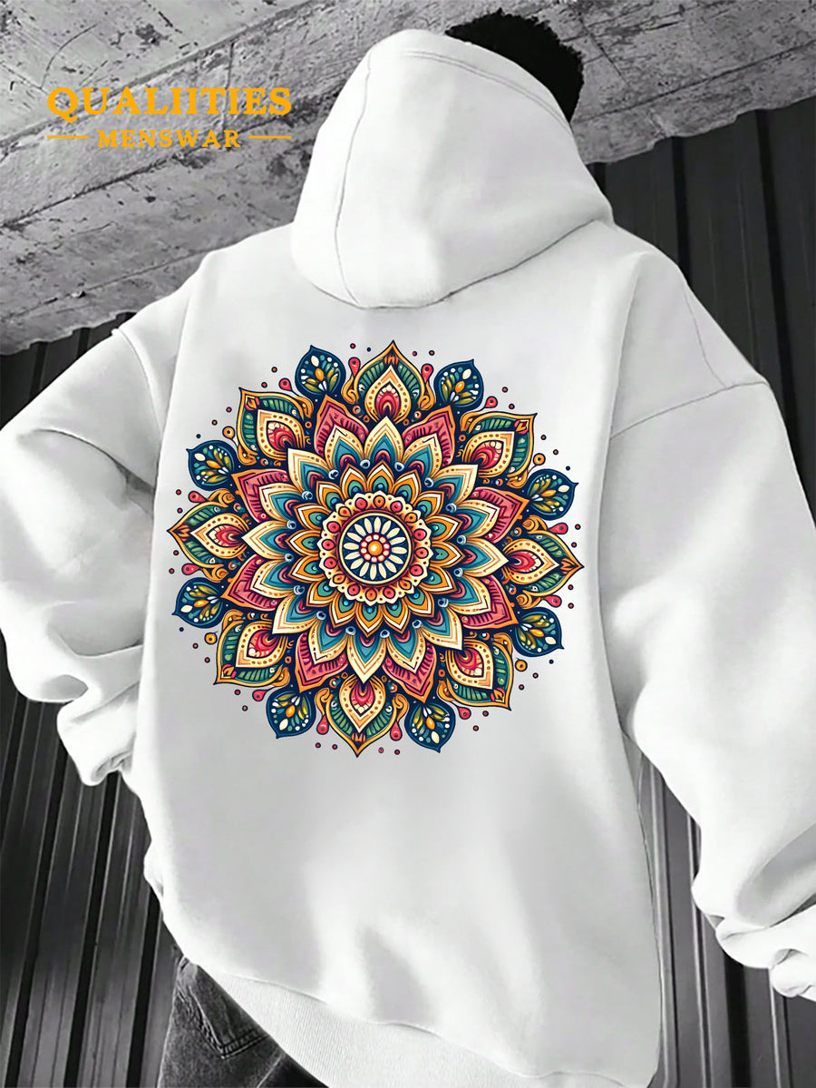 Men's "Mandala" Print Hooded Sweatshirt - Relaxed Fit, Simple and Distinctive Design, Loose Cut for Comfort and Style, Machine Washable Casual Pullover for Autumn/Winter, Suitable for Casual Wear, Hooded Sweater, Winter Apparel, Fashionable Design - White