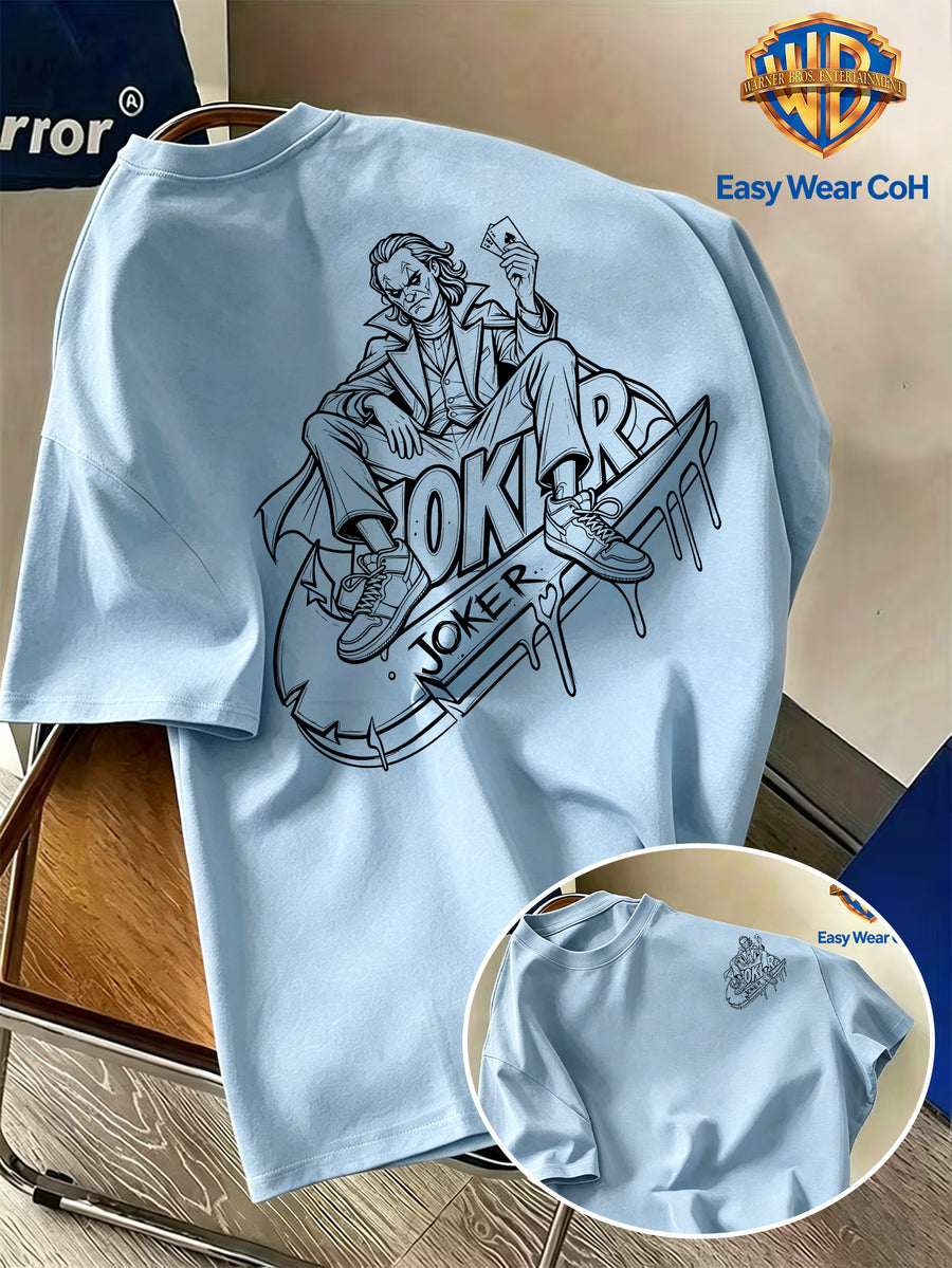 Warner Bros. Official New Academic Style Men's Short-Sleeve T-Shirt, Featuring a Unique Graffiti-style Line Sketch Drip-paint Design with a Long, Flowing Graphic and a Creative Niche JOKER Clown Print. The Distinctive Design Is Hard to Replicate - Light Blue
