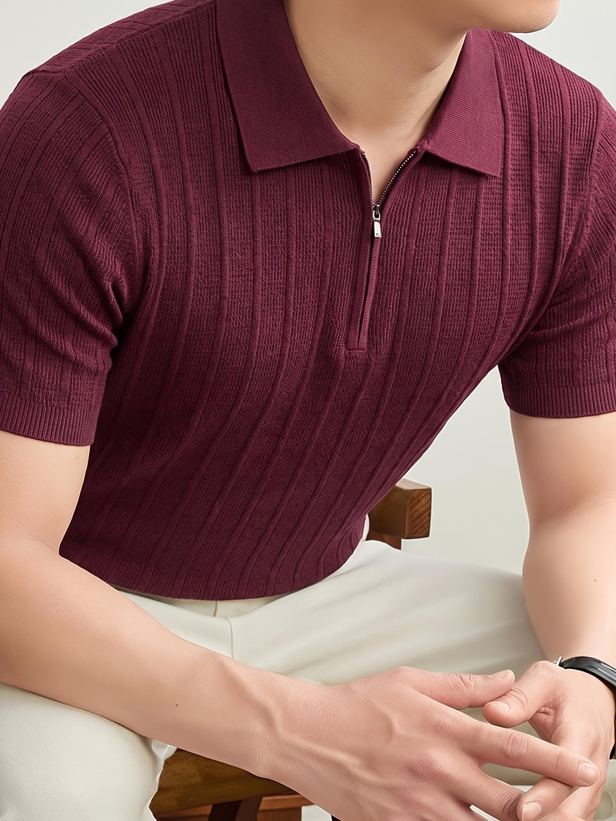 New Spring/Autumn Vertical Stripe Knit Polo Shirt for Men, Half-Zip Lapel Short Sleeve Light Luxury Stretch Casual Base Layer Top, Suitable for Daily Work Wear - Burgundy