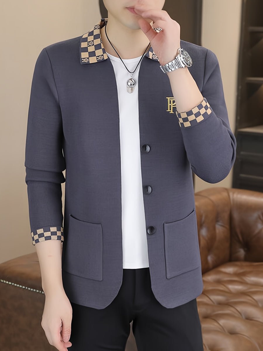 [Wading Whale OBM] Spring/Autumn New Men'S Knit Cardigan, Old Money Style Color-Block Checkered Lapel with Embroidered Logo Pocket And Button-Front Design, Men'S Business Casual Fashion Cardigan Top, Suitable for Spring, Autumn, Winter Outerwear - Dark Gray