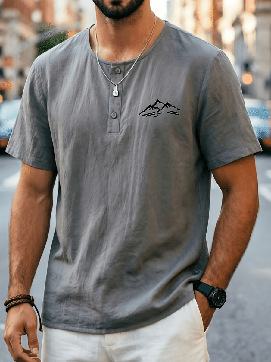 Men'S Summer -Linen Half-Zip Short Sleeve T-Shirt - Dark Gray