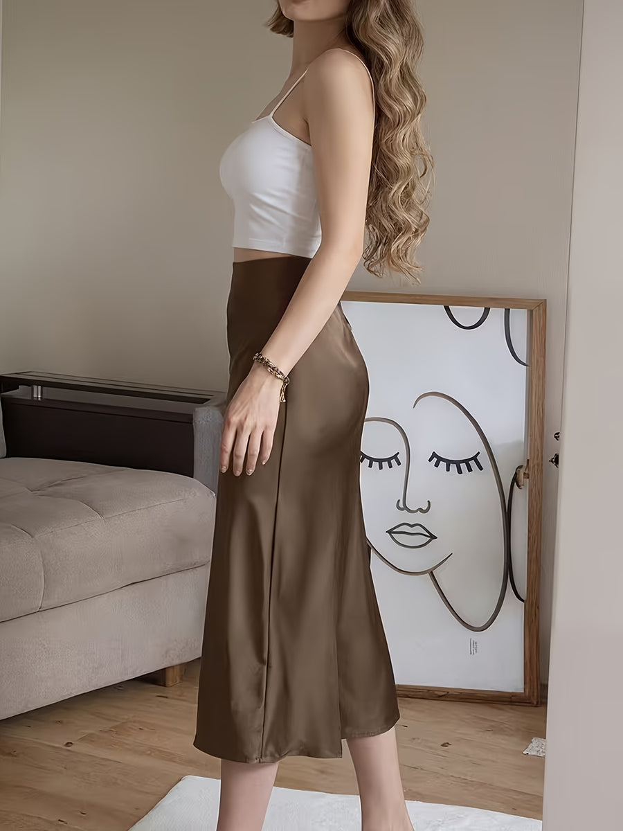 Spring/Summer New Satin Chiffon Multi-Button Women's Skirt - Coffee Color