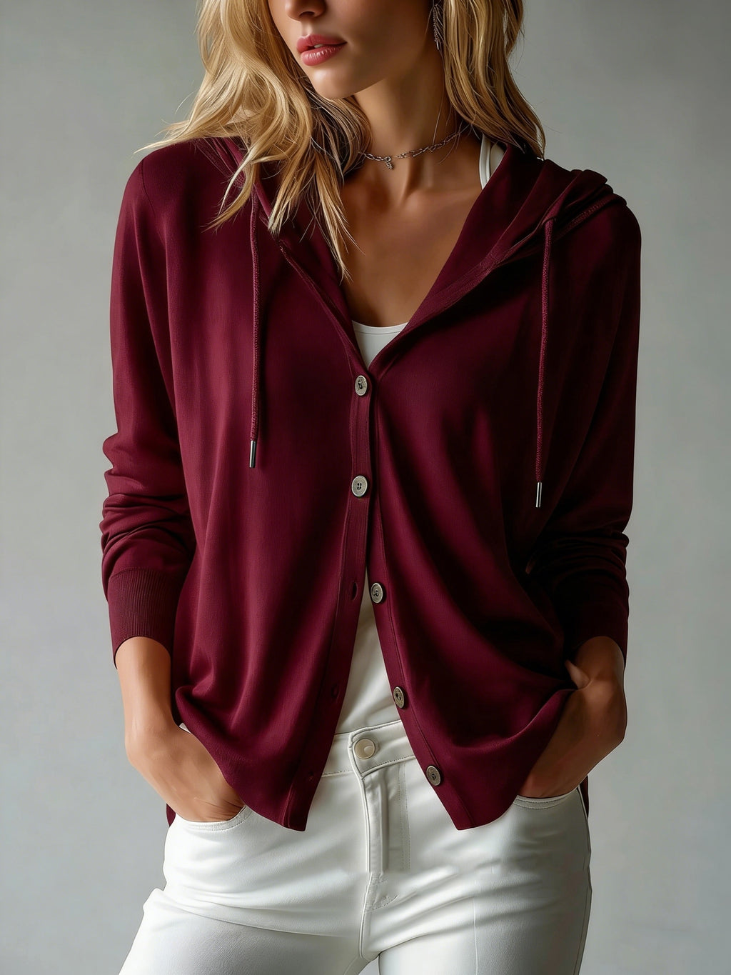 Women's Button Cardigan with a Hood, Drawstring Hood Design, French Style, European and American Style, Casual, Loose, All-season Versatile, Can Be Worn Alone or as an Outer Layer, Suitable for Daily Commuting and Various Occasions. - Burgundy