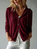 Women's Button Cardigan with a Hood, Drawstring Hood Design, French Style, European and American Style, Casual, Loose, All-season Versatile, Can Be Worn Alone or as an Outer Layer, Suitable for Daily Commuting and Various Occasions. - Burgundy