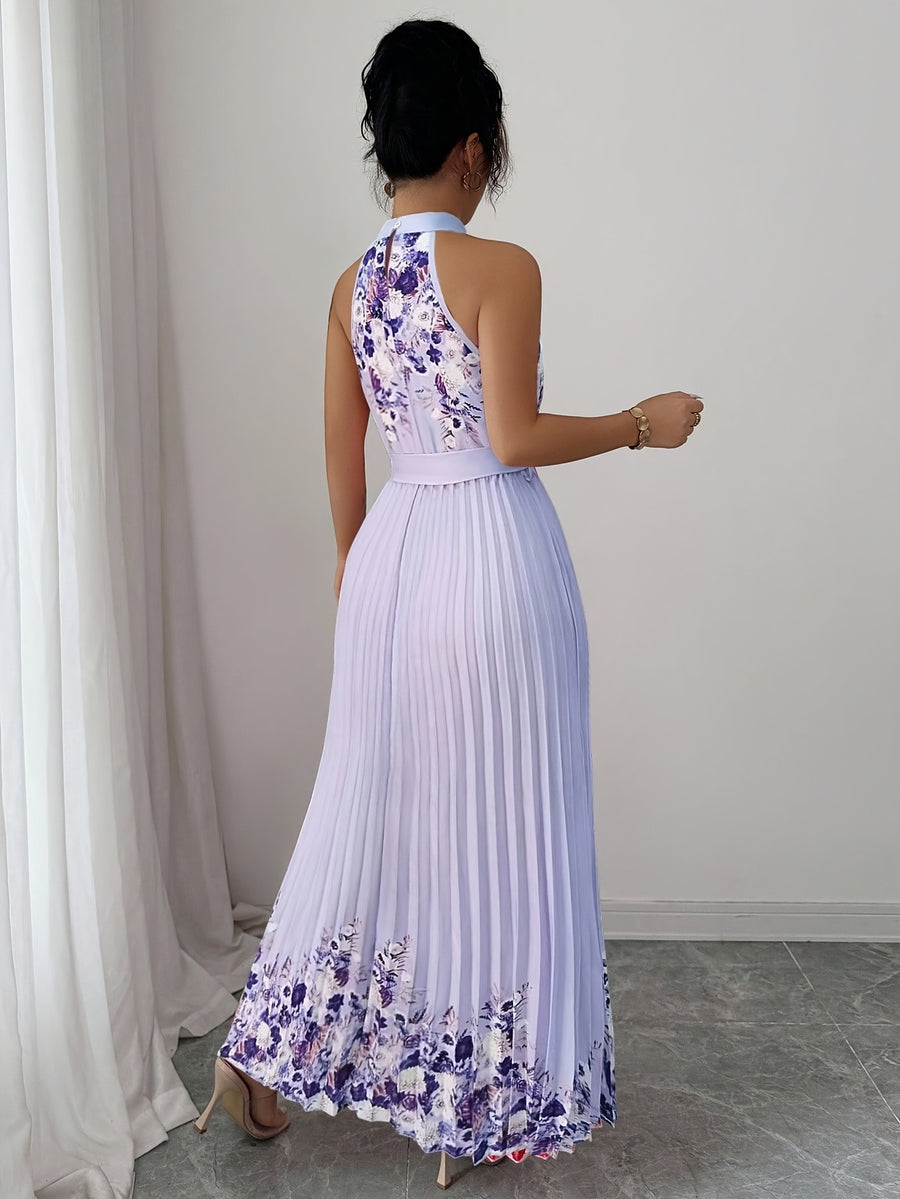 Fashionable New Women'S Summer Halter Floral Print Pleated Dress - Purple