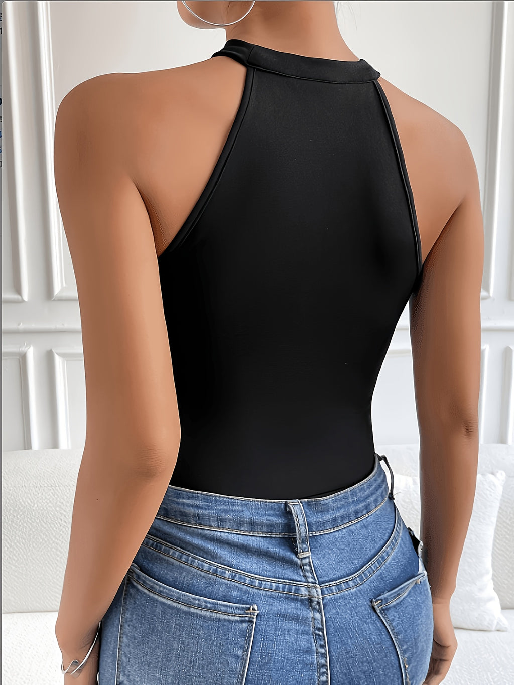 Women'S Geometric Flocked Sheer Mesh Halter Bodysuit High Neck Sleeveless Night Out Slim Body Suit - 0028
