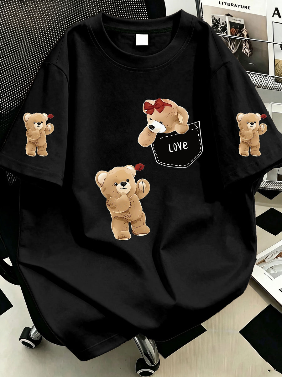 Women' Oversized Pocket Bear T-Shirt - Loose Fit Midi-Length Short Sleeve Round Neck -Compatible Top with Hip-Covering | Spring Summer Casual Wear Suitable for Layering, Machine Washable Non- Pocket Tee - Black