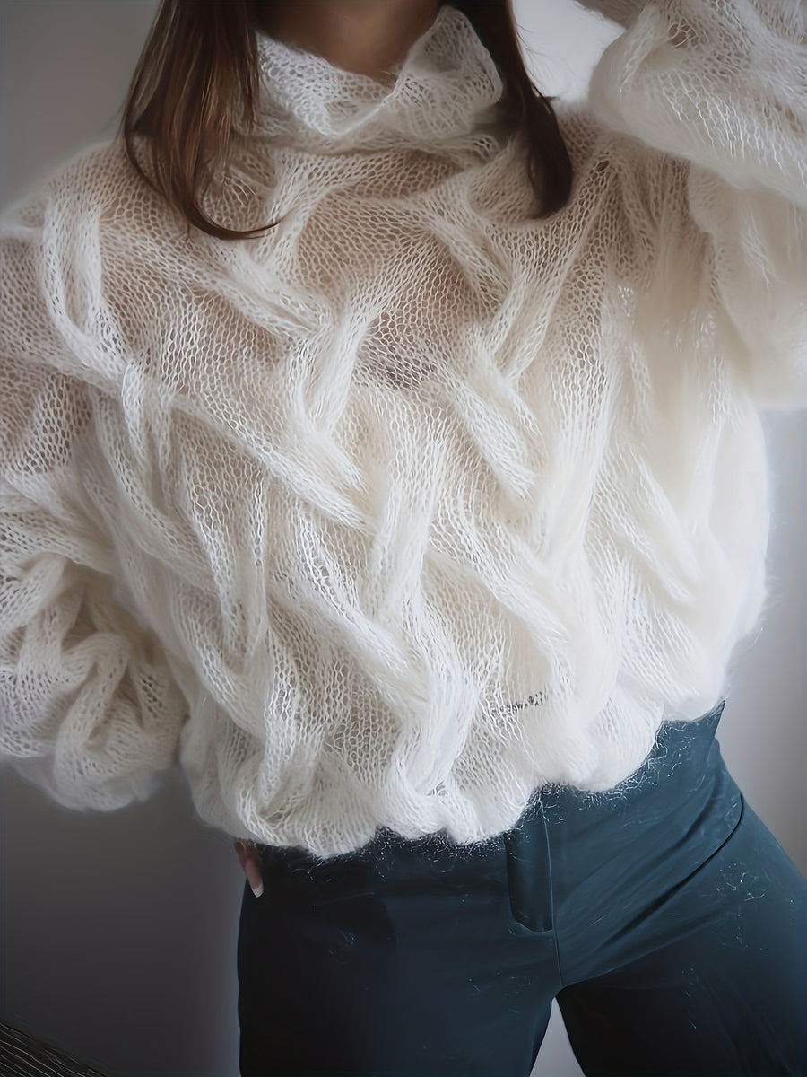 Valentine'S Day Festive Atmosphere Outfit for Women, Featuring a Lightweight, Sheer, Semi-Turtleneck Sweater with a Hollow Design, Perfect for a Relaxed, Soft, And Loose Style for Autumn And Winter - White