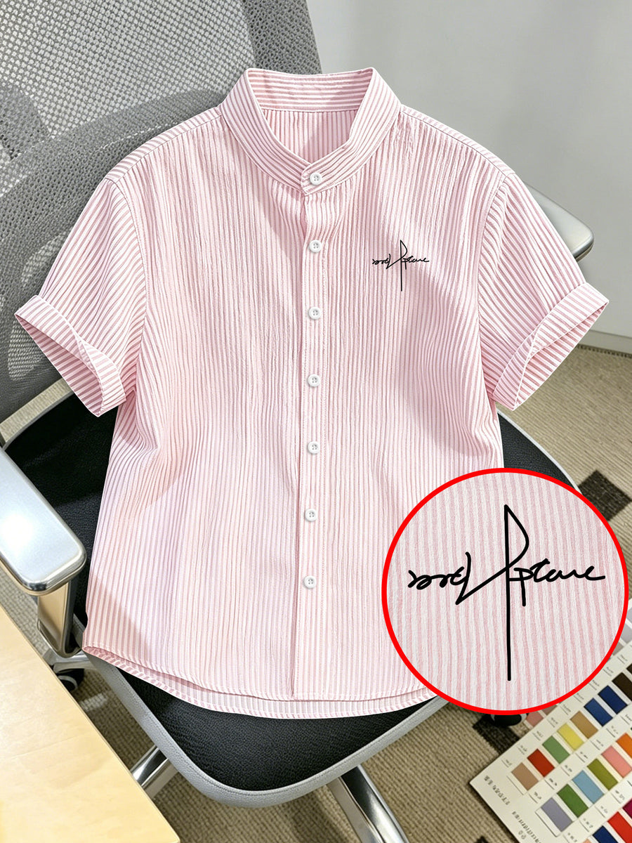 Men'S Striped Shirt with Letter Print, Breathable Striped Summer Shirt, Stand-Up Collar Design Suitable for Beach Outings And Casual Leisure, Beach Shirt, Outdoor Casual, Soft Texture, Vacation Wear - Pink