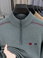 ZBZP Autumn Winter Knit 3D Solid Half-Zip Stand Collar Sweater, Basic Knit Pullover Top for Men, Fashionable Long Sleeve Sweater ZM - Pea Green Color