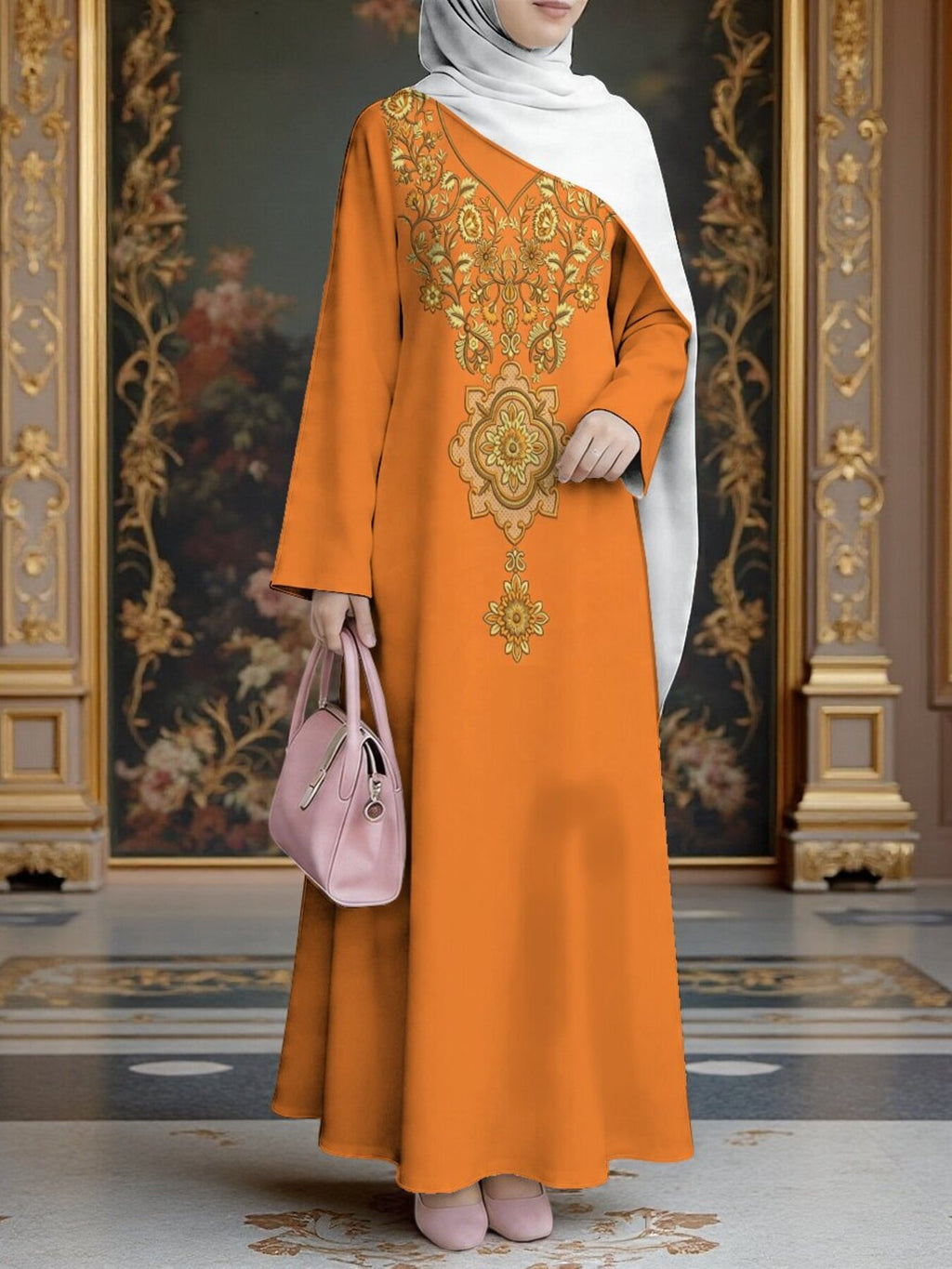 New Middle Eastern Style Muslim Elegant Robe, Warm Orange Base with Vintage Ethnic Pattern Print on the Chest, Women's Robe with Long Sleeves, Loose Fit, and Flared Hem, Modest and Conservative, Suitable for Festivals, Prayers, Outings, and Social - Mixed colors
