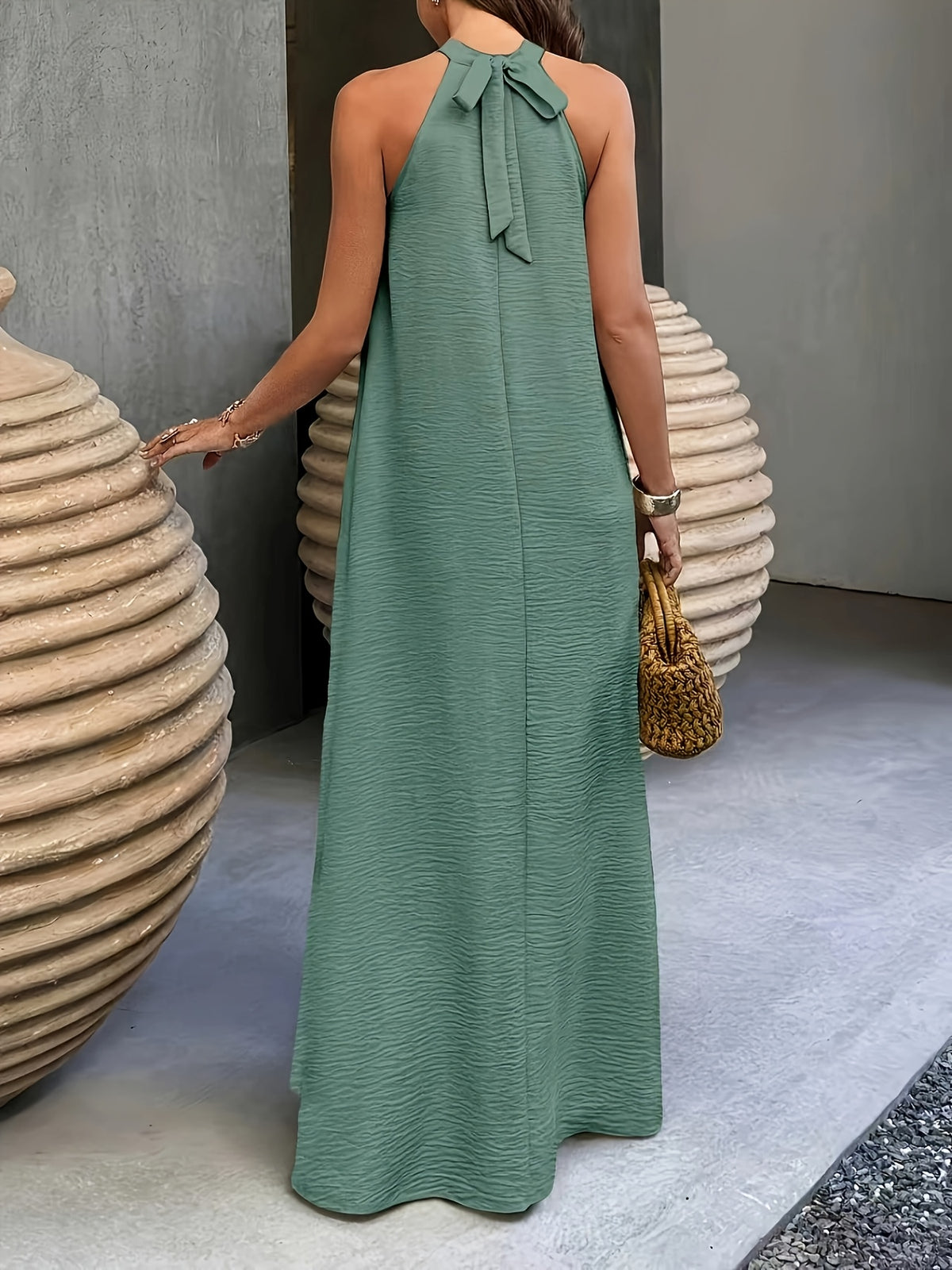 Ancient City Bohemian Style Dress, Vacation Style, Ribbed Neckline, Suitable for Spring Summer, Beach Dress, Women'S Long Summer Dress Clothing - Light Green