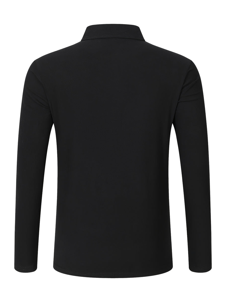 Autumn Men's Polo Shirt, Half-Button Henry Collar Long Sleeve Top with Simple Chest Pocket, Suitable for Business, Office, and Daily Wear - Black