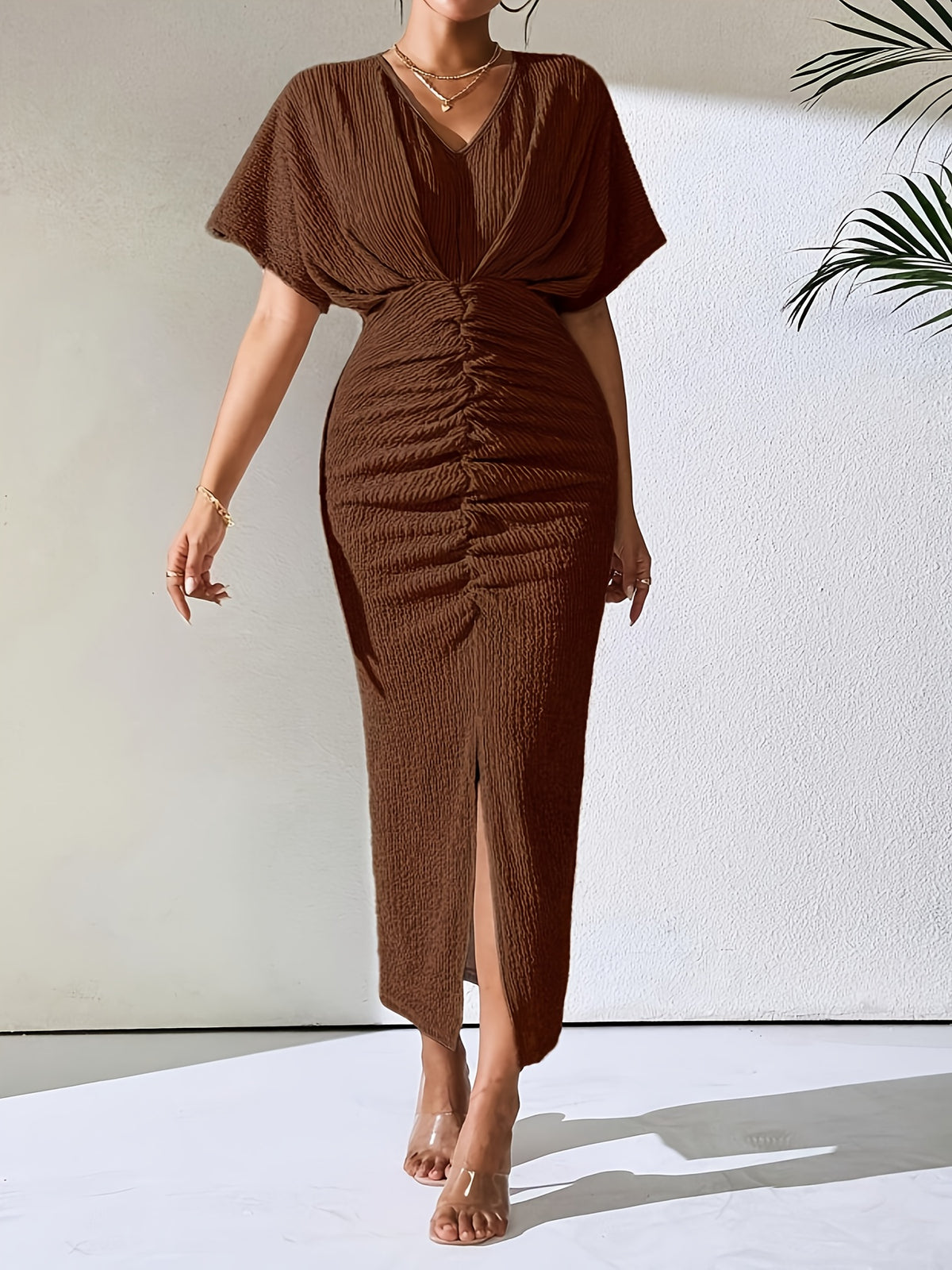 YY0514056 Textured Short Sleeve Batwing Maxi Dress, V-Neck Ruched Elegant Long Gown - Coffee Brown