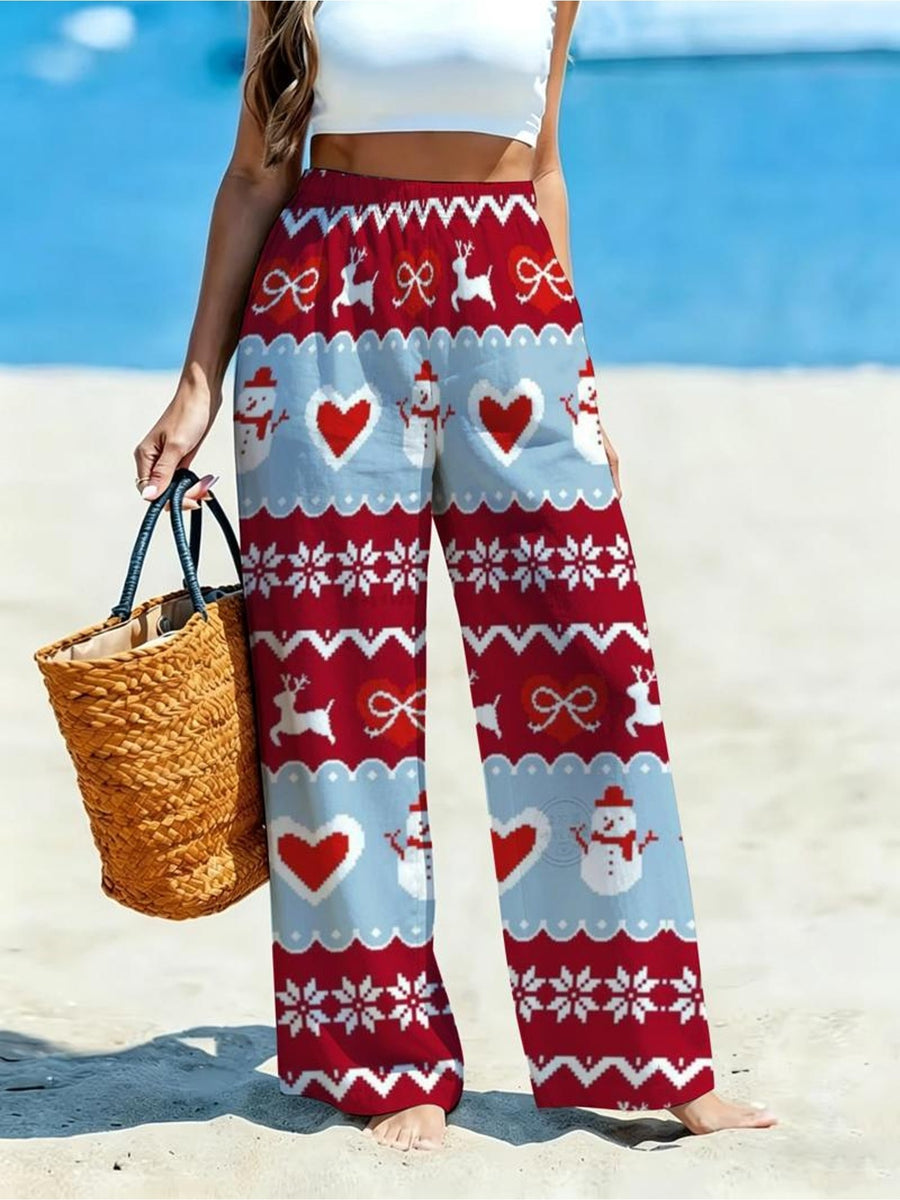 Women's Vintage Christmas Sweater Wide-Leg Trousers - Loose-Fit Wide Pants Suitable for Holiday Outfits, Daily Wear & Themed Parties, Machine Washable Style for (No Stretch) - Mixed colors