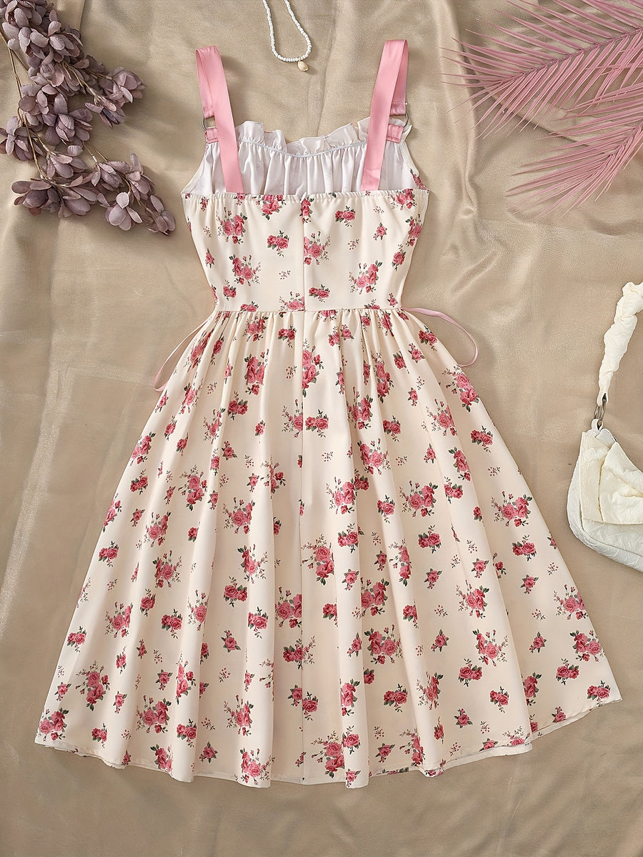 Elegant Floral Print O-Ring Decorated Front Pleated Stretchy Lace Waist Cross Tie Bow Strap Dress with a Back Zipper A-Line Flared Design, Perfect for Vacation And Seaside Elegant Parties - Pink