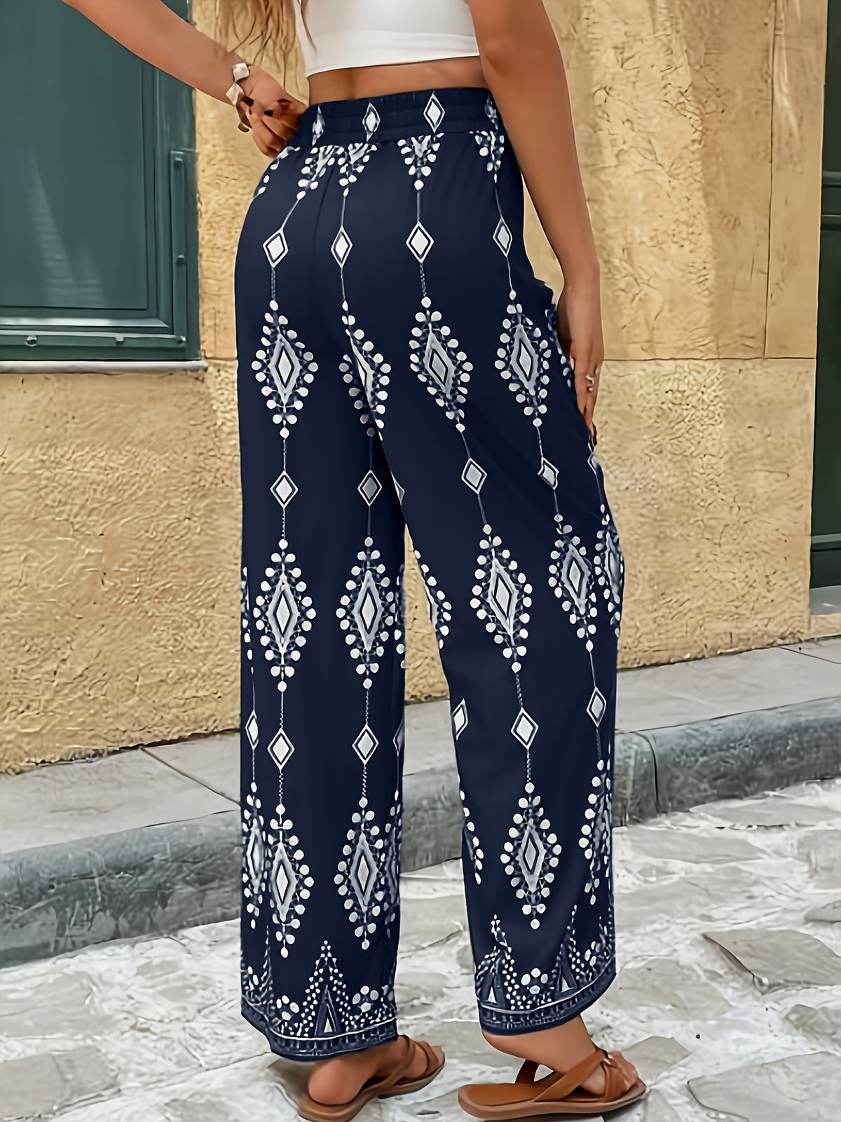Frenchy Women's Wide-Leg Trousers - Elegant French Style All-Over Geometric Print Wide Pants with Faux Drawstring Waist, Non-Stretch Fabric Suitable for Vacation, Beachwear & Daily Wear, Machine Washable Spring Summer Wide Leg Trousers - Navy Color