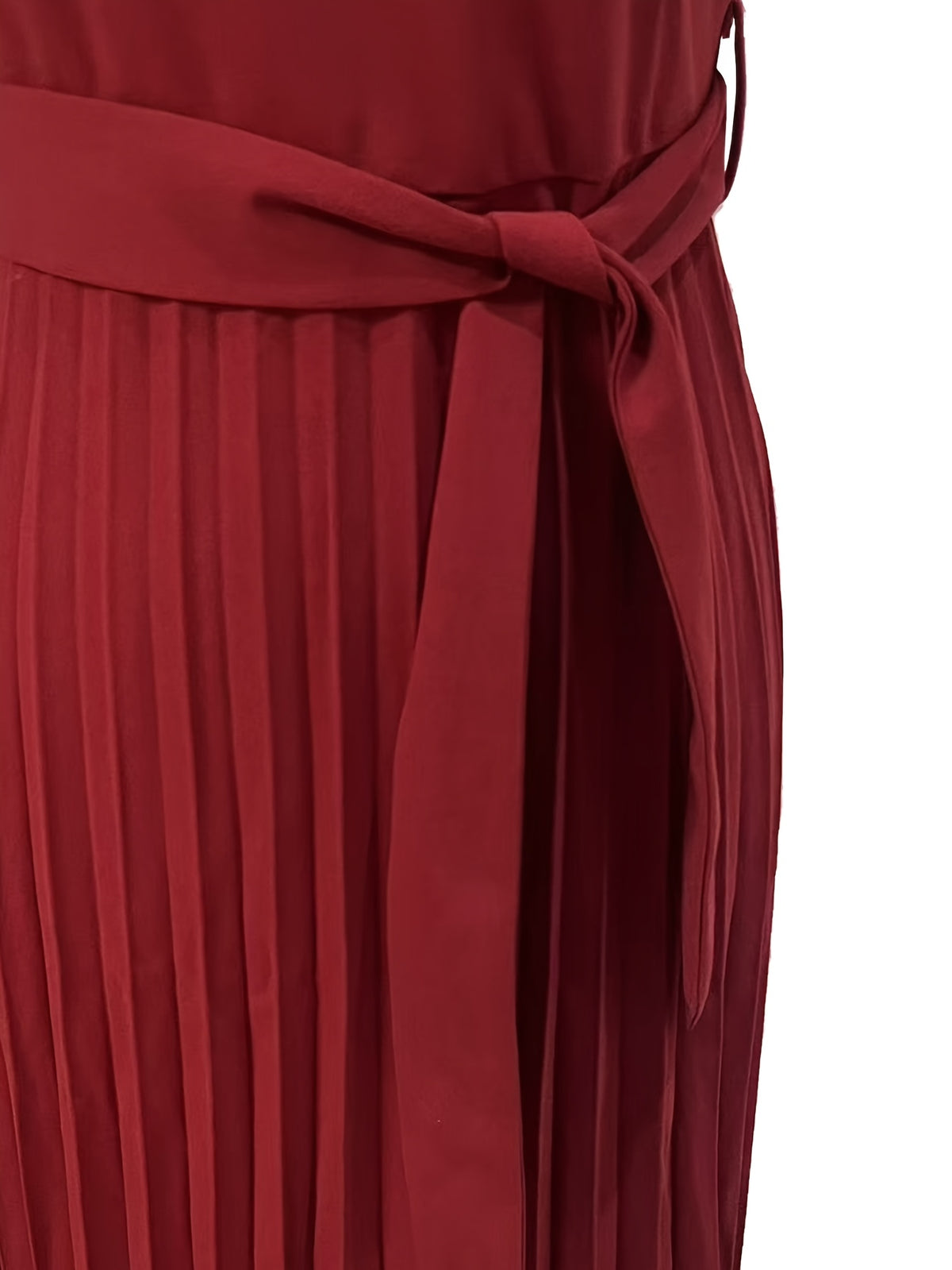 Elegant Temperament Pleated Dress, Women'S Summer Short-Sleeved Round Neck, Waist-Cinching with a Belt Design, Slim-Fitting, Mid-Length, Flowing Skirt, Suitable for Commuting, Dating, Parties, Daily Wear, High-End Feel - The color of rouge