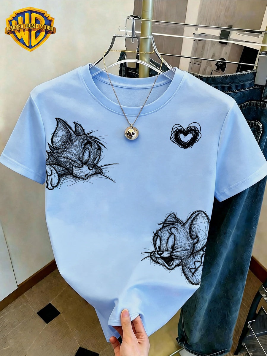 WB Women's Warner Officially Licensed T-Shirt - WB & Heart Print Crew Neck Short Sleeve Top, Casual Summer Shirt Suitable for Daily Commute, Home Wear, Machine Washable Non- Wardrobe Essential - Light Blue