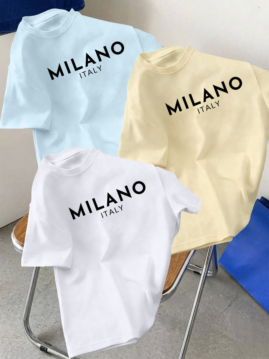 3pcs Set Men's Pure Cotton Short-Sleeve Crew Neck T-Shirt with Milan, Italy Pattern, Suitable for Daily Casual Wear, Comfortable, Soft, Breathable, Summer Essential - White + Apricot + Light Blue