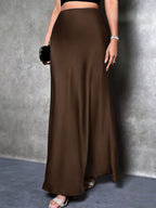 Elegant Women's Long Skirt - Satin Jersey Fabric with a Satin Finish, Perfect for Christmas & Valentine's Day Date Outfits, Suitable for Autumn/Winter Holiday Parties and Commuting, Machine Washable Light Luxury Design, High-End and Graceful - Coffee Brown