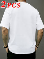 2pcs, Men'S Short Sleeve T-Shirts, Summer Short Sleeve Fashion Trendy Short Sleeve T-Shirts, Loose Letter Print Elastic Short Sleeve Sports Top, Teenager Round Neck Breathable Trendy T-Shirt, Suitable for Daily Wear, School, Street, Sports Wear - 2pcs-white+black