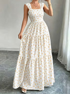 Elegant Printed Tiered Tunic Dress | Square Neck, Sleeveless, Long Length, Trapeze Hem, Regular Fit For Adults - Multicolor 1