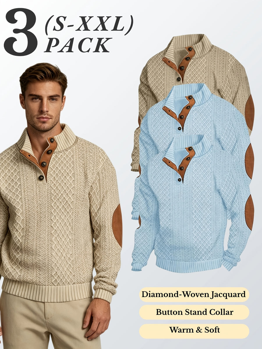 3pcs Men'S Textured Jacquard Knit Sweater Retro Casual Button-Up Stand Collar Long Sleeve Top for Autumn Winter Outing Home Versatile Basic Solid Color - Sky Blue 2 + Khaki