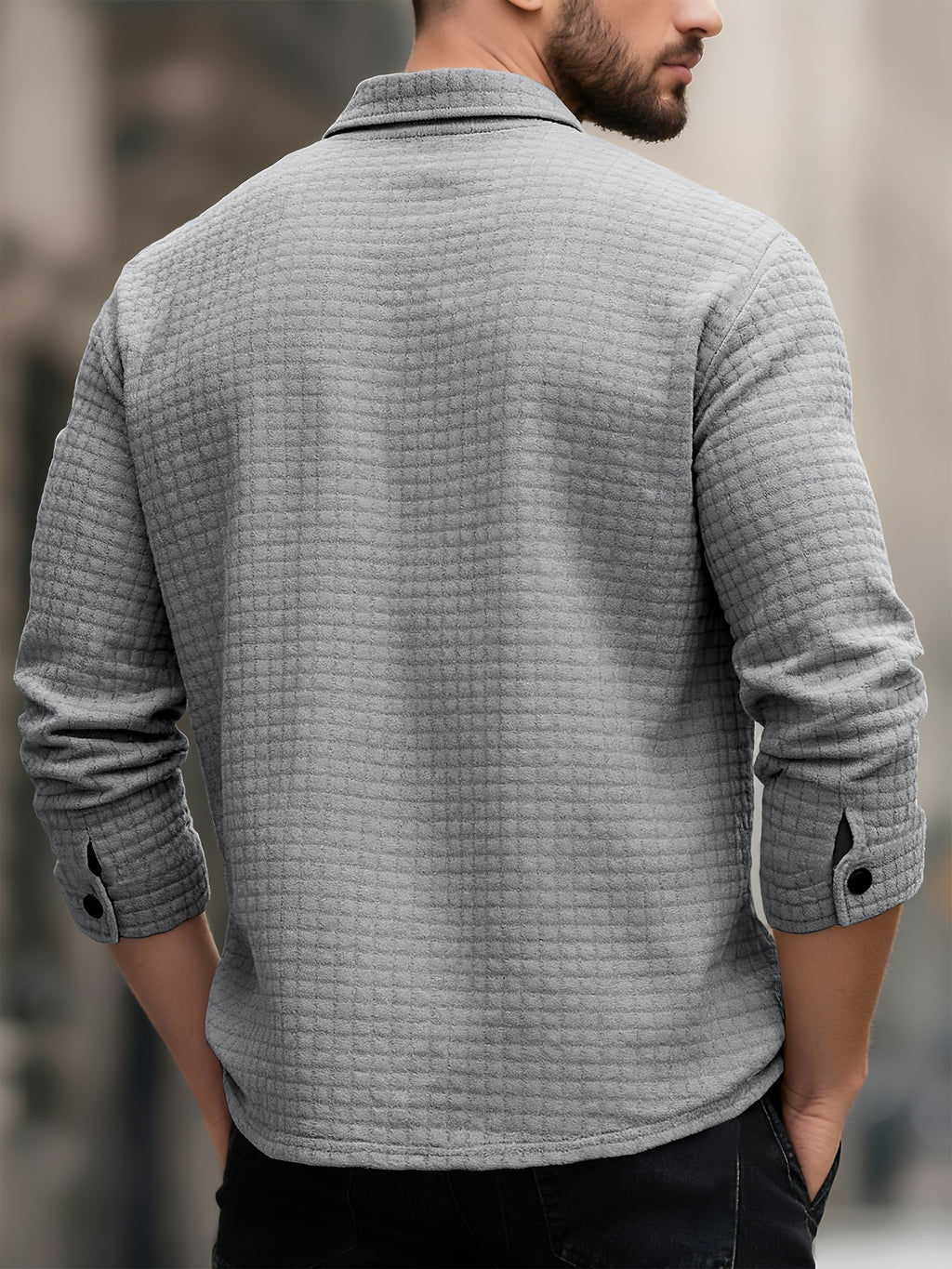 Men's Casual Solid-color Long-sleeve Shirt, Made of Comfortable Waffle-knit Fabric, Featuring a Double Chest Pocket Design, Front Button Placket, and a Loose-fit Lapel Open-front Cardigan Top, Suitable for Daily Wear and Commuting in Spring - Light Grey