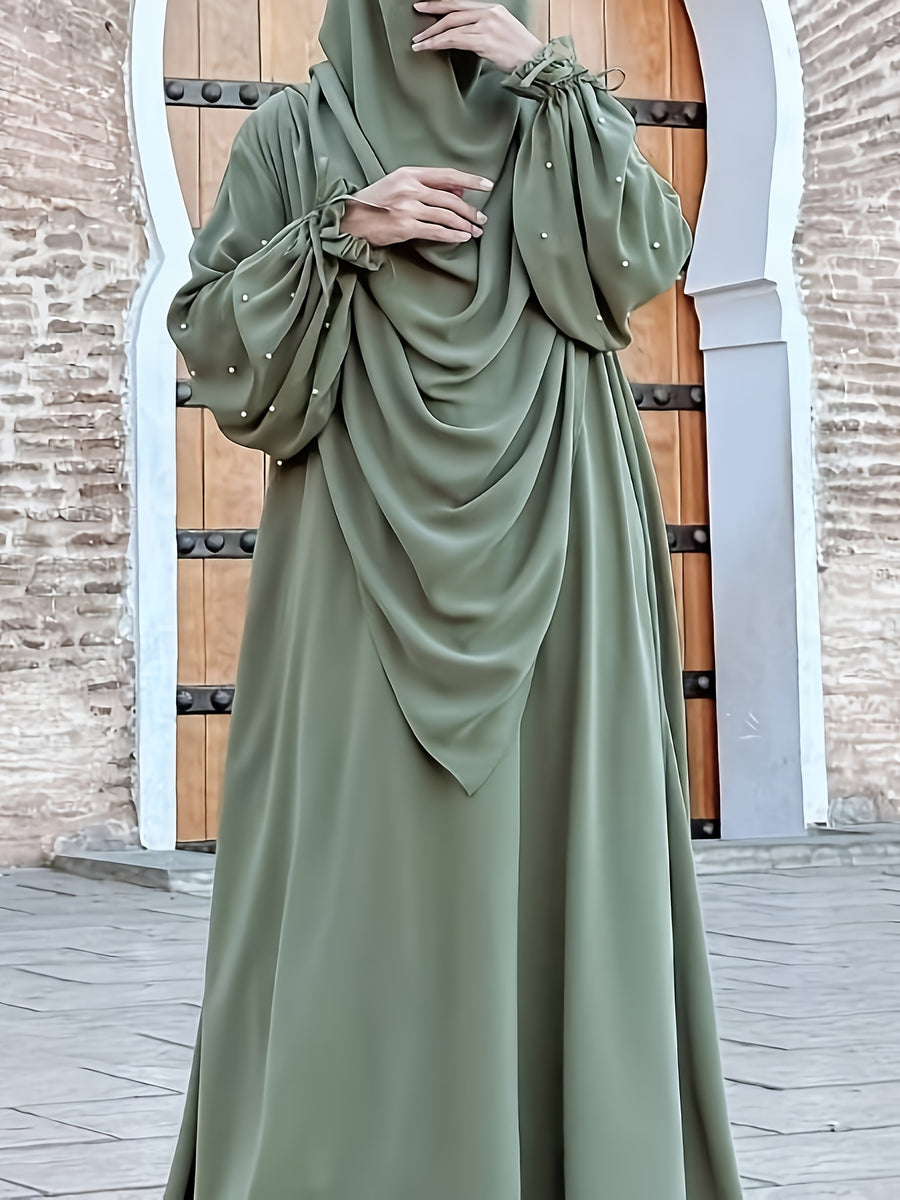 Middle Eastern Solid Color Women'S Robe with Pearl Sleeves Dress And Long Scarf 2pcs Set, Ideal for Women'S Daily Wear, Travel, And Ramadan - Green