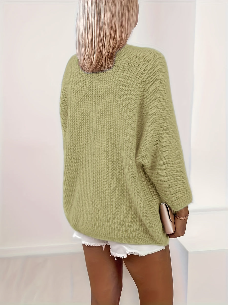 Women's Autumn/Winter Fashion Casual Sweater Cardigan Elegant Solid Color Fabric Top - Matcha Color