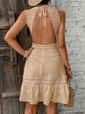 Lace Backless Dress with Ruffled Hem and Tie Detail - Khaki