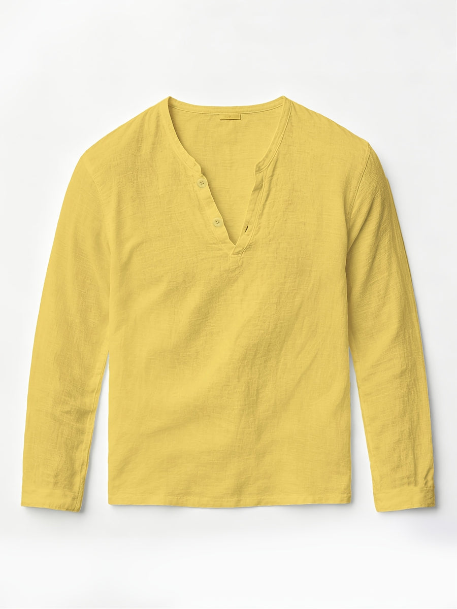 Men'S Linen Long-Sleeve 3pcs, Breathable Henley Neck Loose Fit T-Shirts for Spring And Autumn, Versatile for Business Casual, Commuting, And Lounging. (Box And Props for Display Solely) - White+black+yellow