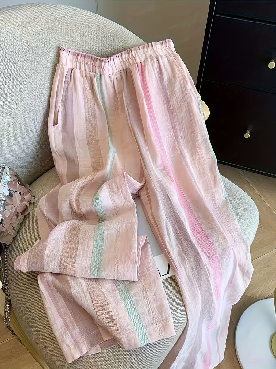 Women'S Multicolor Striped Elastic Waist Wide Leg Straight Casual Trousers LL168 - Mixed colors