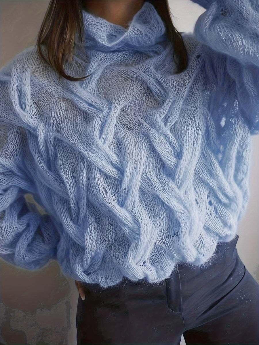 Valentine'S Day Festive Atmosphere Outfit for Women, Featuring a Lightweight, Sheer, Semi-Turtleneck Sweater with a Hollow Design, Perfect for a Relaxed, Soft, And Loose Style for Autumn And Winter - Blue