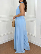 Women'S Casual Vacation Chiffon Halter Neck Backless Wide-Leg Jumpsuit - Sky Blue