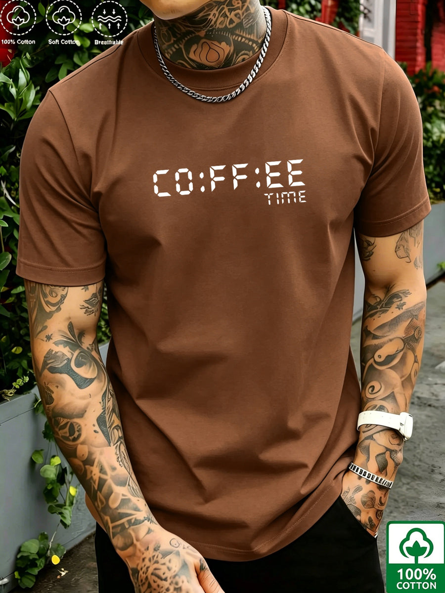 Pixel Art Style Coffee Time Men's Pure Cotton T-Shirt, "CO:FF:EE TIME" Letter Print, Features a Simple Everyday Vibe, Breathable and Skin-Friendly for No Sweaty Feel, High Elasticity with No Deformation, Versatile Crew Neck Fit for a Slimming Look - Coffee Brown