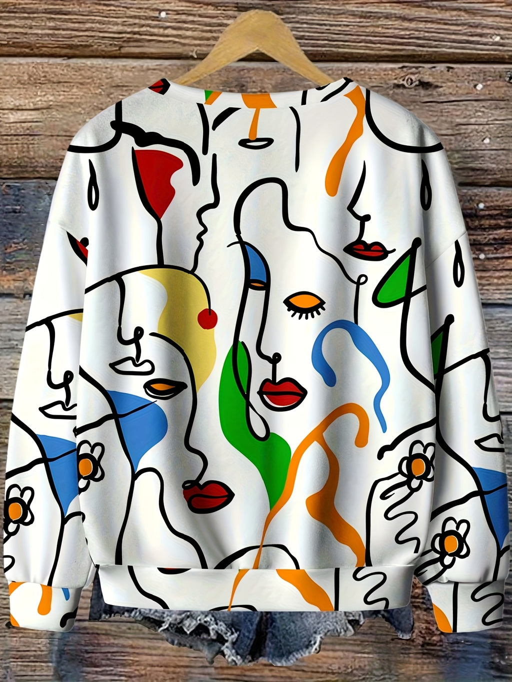 Women'S Fashion Casual Abstract Face Print Loose Round Neck Pullover Sweatshirt, Suitable for Fall Winter - White